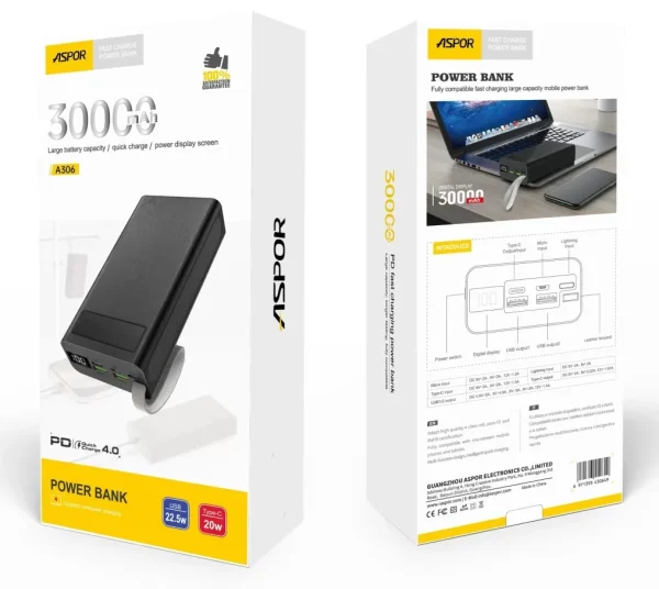 Aspor 30000mAh Power Bank LCD Display 22.5W and 20W PD - Image 2