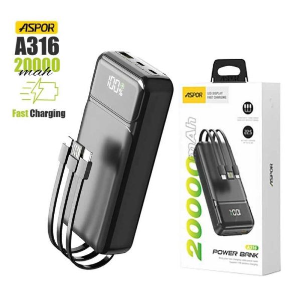 Aspor A316 20000 22.5W Portable Power Bank with Built in Cable - Image 3